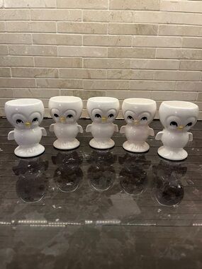 5 Vintage White Ceramic Chick Owl Egg Cup Set. Playful Tabletop Accent